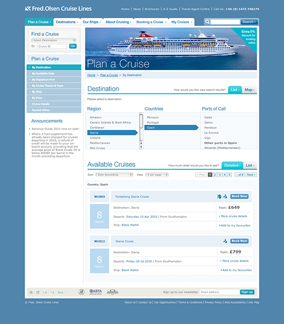 Fred. Olsen Cruise Website before SimpleClick's involvement