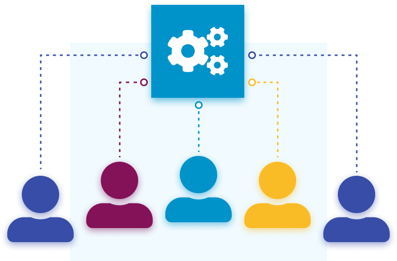 Illustration of a team working together, connected by a central gear icon representing shared goals and objectives.