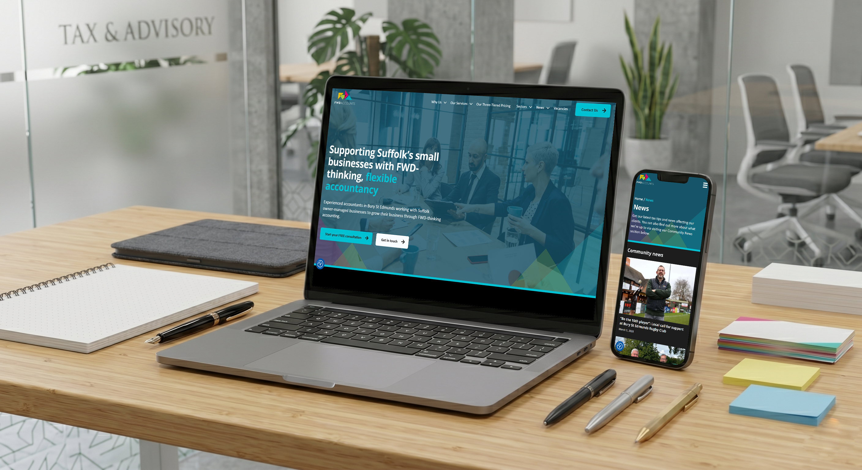 Mockup of FWD website on a laptop and mobile device